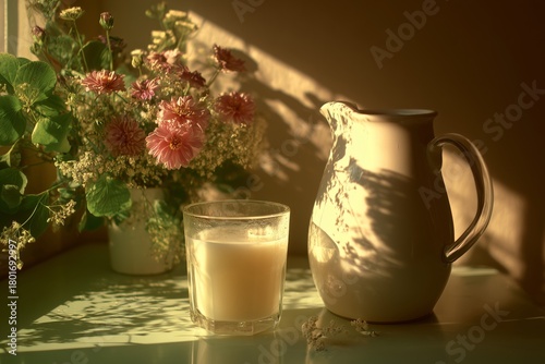 Bright Morning Scene With Flowers and a Glass of Creamy Beverage on a Table O...
