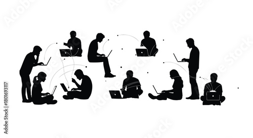 Diverse group of silhouetted people of various ages collaborating and working on laptops in a modern setting