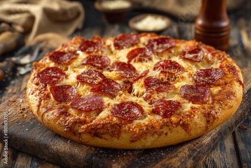 Wallpaper Mural Hot Pepperoni Pizza Served on a Wooden Board in a Rustic Kitchen Setting Torontodigital.ca