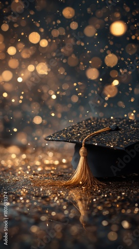 Graduation Cap Surrounded by Golden Confetti in a Festive Outdoor Celebration...