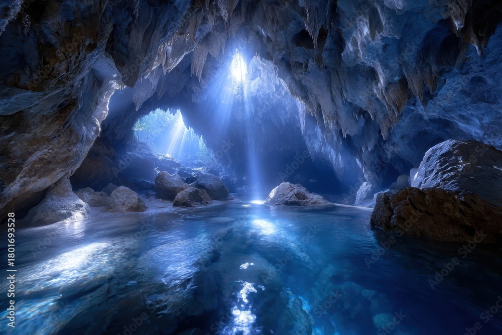 Naklejka premium Majestic underground cave illuminated by shimmering light reflections on water