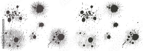 Grunge ink splatter texture set with high-contrast spray effects, abstract burst stains, messy droplets for graphic design, digital artwork backgrounds