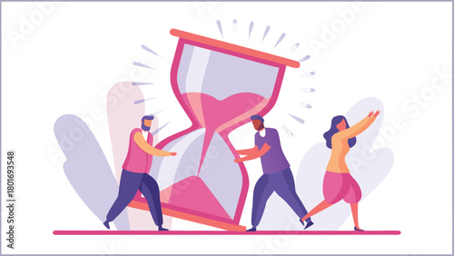 Diverse group of people working together to carry a large glowing hourglass symbolizing teamwork time management and the passage of time with a bright light spill effect