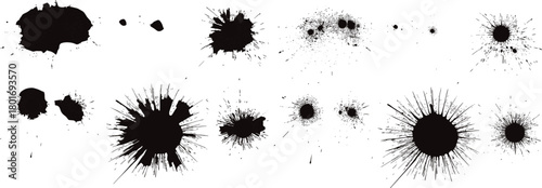 Grunge ink splatter texture set with high-contrast spray effects, abstract burst stains, messy droplets for graphic design, digital artwork backgrounds