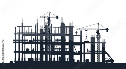 Silhouette of a large building under construction with cranes against a white background
