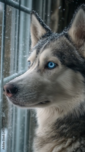 Beautiful Husky Looks out of a Snow-Covered Window on a Winter Day