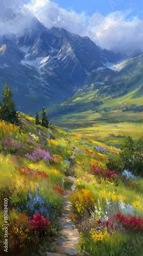 Vibrant Flowers Bloom in a Serene Valley Surrounded by Majestic Mountains Dur...