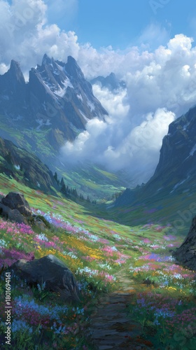 Colorful Wildflower Valley in a Mountainous Region With Clouds and Distant Peaks