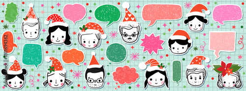 Cute vector faces with Santa hats and doodle speech bubbles in red, green and pink for Christmas designs for banners and social media