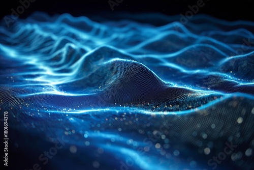 Digital Waves Illuminate Dark Space With Glowing Blue Light Patterns Across a...