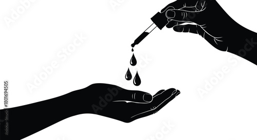 Silhouette of a hand holding a dropper dispensing liquid into an open palm against a white background