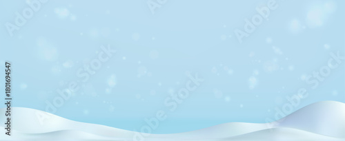 Winter snow background. 3d snowy cartoon landscape. 3d white hill, pile, snowdrift, mountain, flying snow in sky. Vector winter podium for New Year, Christmas scene, animation, product presentation