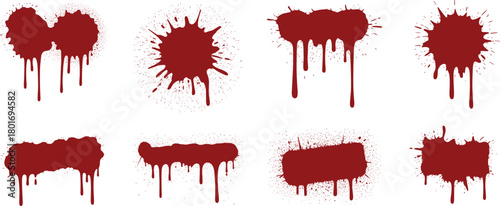 Red dripping splatter vector set with paint blot textures, spray burst stains, abstract liquid shapes for graphic design, creative illustration projects