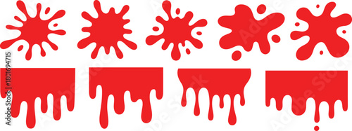 Red splatter and dripping paint vector set with bold liquid blot shapes, messy splash elements for graphic design, modern illustration projects