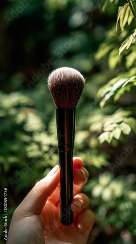 Hand Holding a Makeup Brush Surrounded by Green Foliage in Natural Light on a...