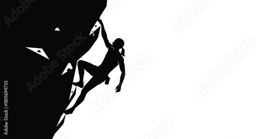 Silhouette of a determined rock climber scaling a steep cliff face with a stark black and white contrast