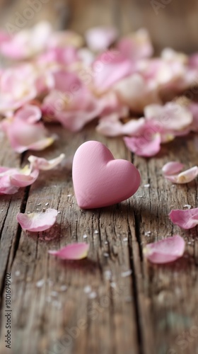 Warm Pink Heart on Wooden Surface Surrounded by Rose Petals Creates a Romanti...