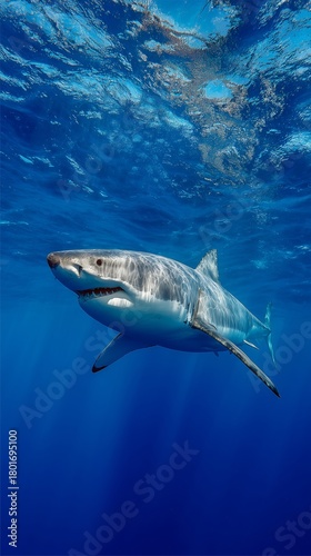 Great White Shark Swimming Gracefully in Clear Blue Ocean Waters During Dayli...
