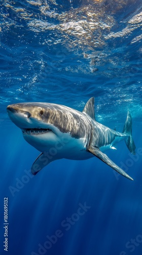 Great White Shark Swimming Gracefully in Clear Blue Ocean Waters During Dayli...