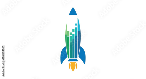Blue rocket ship blasting off with abstract green and blue financial chart patterns inside