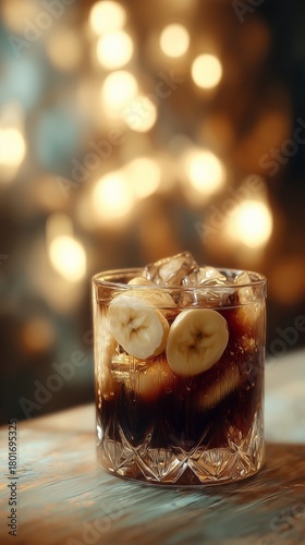 Refreshing Drink With Banana Slices in a Glass, Set Against a Warm Glowing Ba...