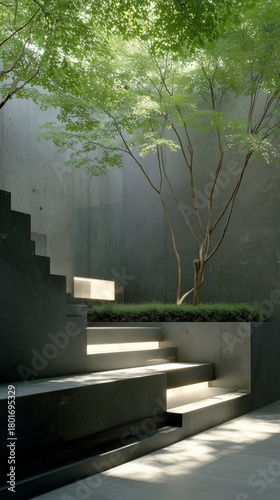 Calm Garden Retreat With Steps and Trees in Serene Natural Light