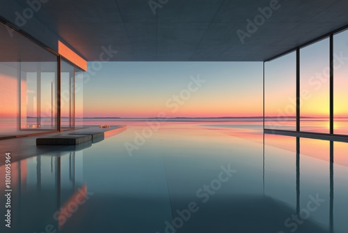 Modern Architecture With Stunning Ocean View During Sunset by the Pool