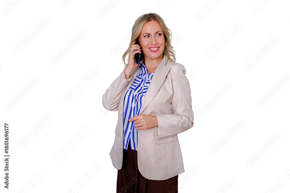 Fototapeta premium Businesswoman standing, communicating on a mobile phone, smiling, having a cordial conversation, transparent background