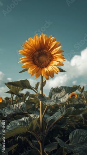 Bright Sunflower Stands Tall in a Field Under a Clear Sky During Midday