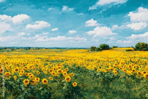 Sunflower Field Blooming Under Bright Blue Sky on a Sunny Day in Summer