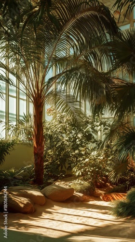 Sunlight Filters Through Glass, Illuminating Lush Greenery in a Serene Indoor...