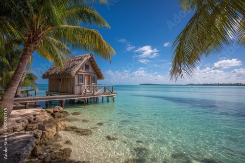 Serene Seaside Hut at Dawn on Tropical Island With Calm Waters and Palm Trees