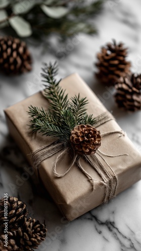 Gift Wrapped in Natural Materials With Pine Branches and Pine Cones on Marble...