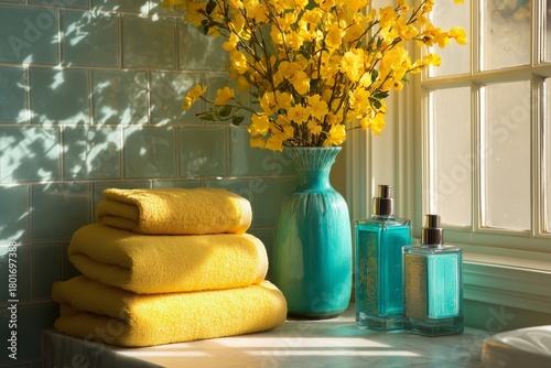 Bright Yellow Towels and Flowers in a Sunny Bathroom by the Window