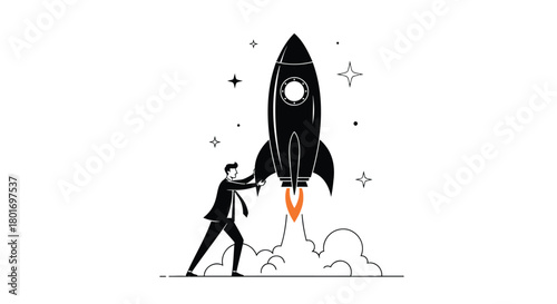 Silhouette of a businessman in a suit pushing a rocket ship as it blasts off into space