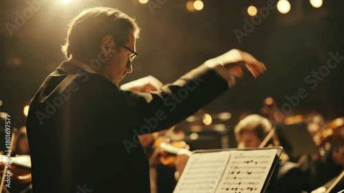 caucasian conductor directs symphony orchestra during classical music concert. man leads musicians on warmly lit stage. live performance and cultural event.