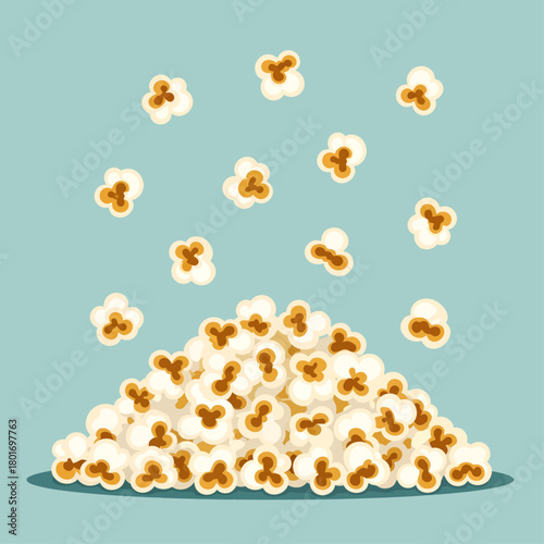 A minimalist flat vector illustration captures a heaping pile of popcorn, while individual kernels cheerfully pop and float down from above against a light blue background