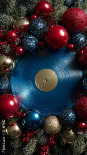 Festive Blue Vinyl Record Surrounded by Colorful Holiday Ornaments and Greenery