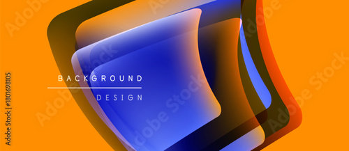 Abstract geometric shapes overlap, creating vibrant color gradients. Orange background contrasts with blue layers. Modern design element.