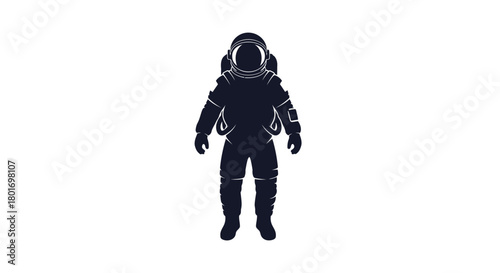 Silhouette of a futuristic astronaut in a detailed spacesuit standing against a stark white background