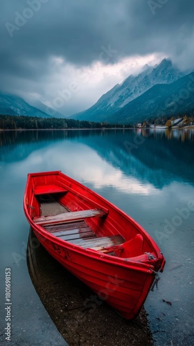 Beautiful Red Boat on Calm Lake Surrounded by Mountains in Early Morning Light