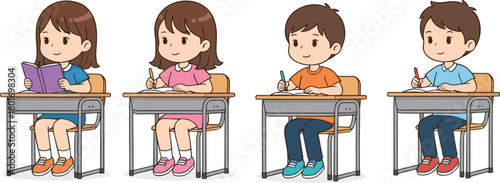Cartoon vector illustration of school children sitting at desks reading and writing, showing classroom learning, education, and student engagement.