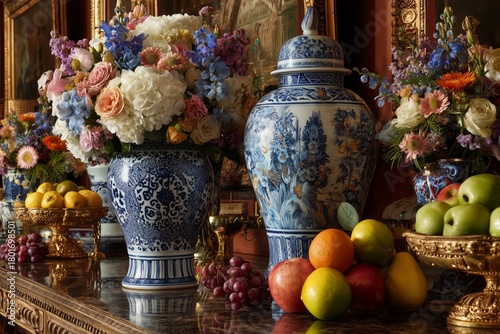 Colorful Flower Arrangements and Fruit Display on an Elegant Table in a Vinta...