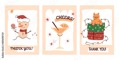 a glass with a cold drink, stars, applause. a cat in a box, a snowman with a candy. a set of cute postcards. with festive applause, for a banner, social media, postcard, print. vector art illustration