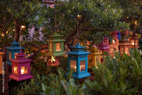Colorful Lanterns Hang on Trees During a Festive Evening in an Outdoor Garden