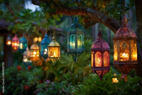 Colorful Lanterns Hang on Trees During a Festive Evening in an Outdoor Garden