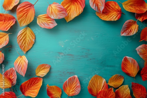 Colorful Autumn Leaves Arranged Around a Vibrant Turquoise Background in a De...