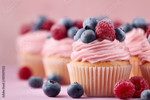 Delicious Cupcakes With Raspberry and Blueberry Toppings on a Pink Background