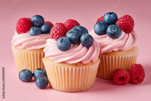 Delicious Cupcakes Topped With Berries and Cream Swirl in Pastel Shades
