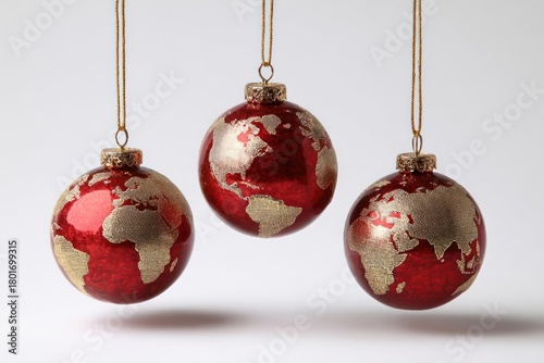 Three red globe christmas ornaments with world map design hanging against a clean white background